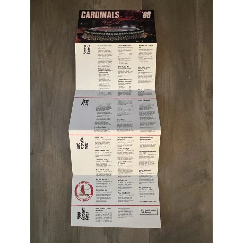 1988 St Louis Cardinals Season Schedule Calendar‎ Spirit Good Condition!